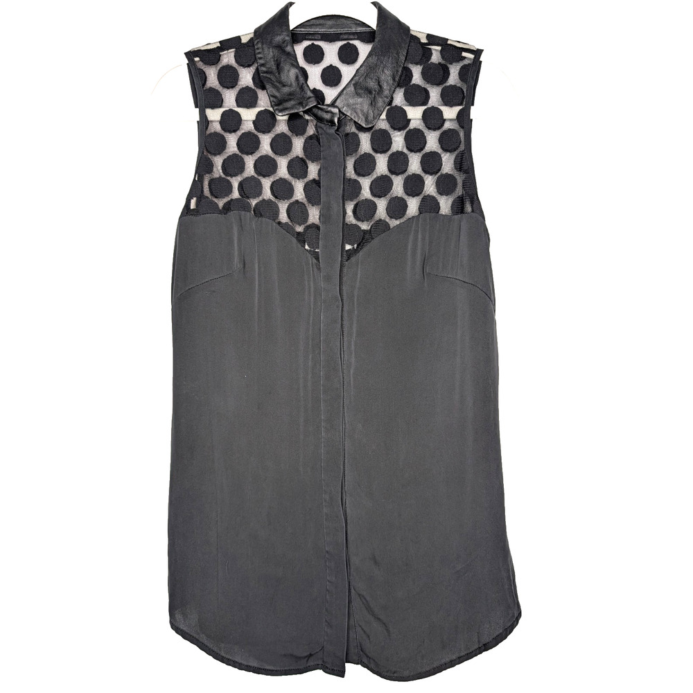 Milly Black Mesh Sheer Polka Dot Silk Lamb Leather Sleeveless‎ Moto Boho Top 4